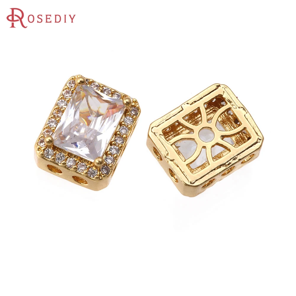 6PCS 18K Gold Color Brass Zircon Rectangle Spacer Beads Bracelets Beads High Quality Diy Necklace Earrings Making Accessories