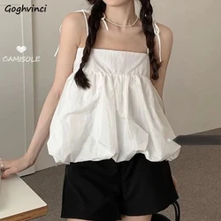 Camisoles Women Bandage Pure Simple Loose Design Kawaii Girlish Fashion Holiday Tops Korean Style Tender Sleeveless Basic Summer