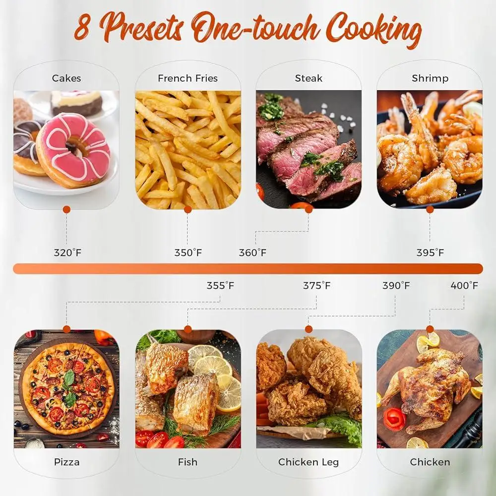 Freidora de aire de 8 cuartos con ventana de visualización 8 preestablecimientos Control de un toque 360 °   Características de seguridad antiadherentes del flujo de aire Turbo Fácil limpieza