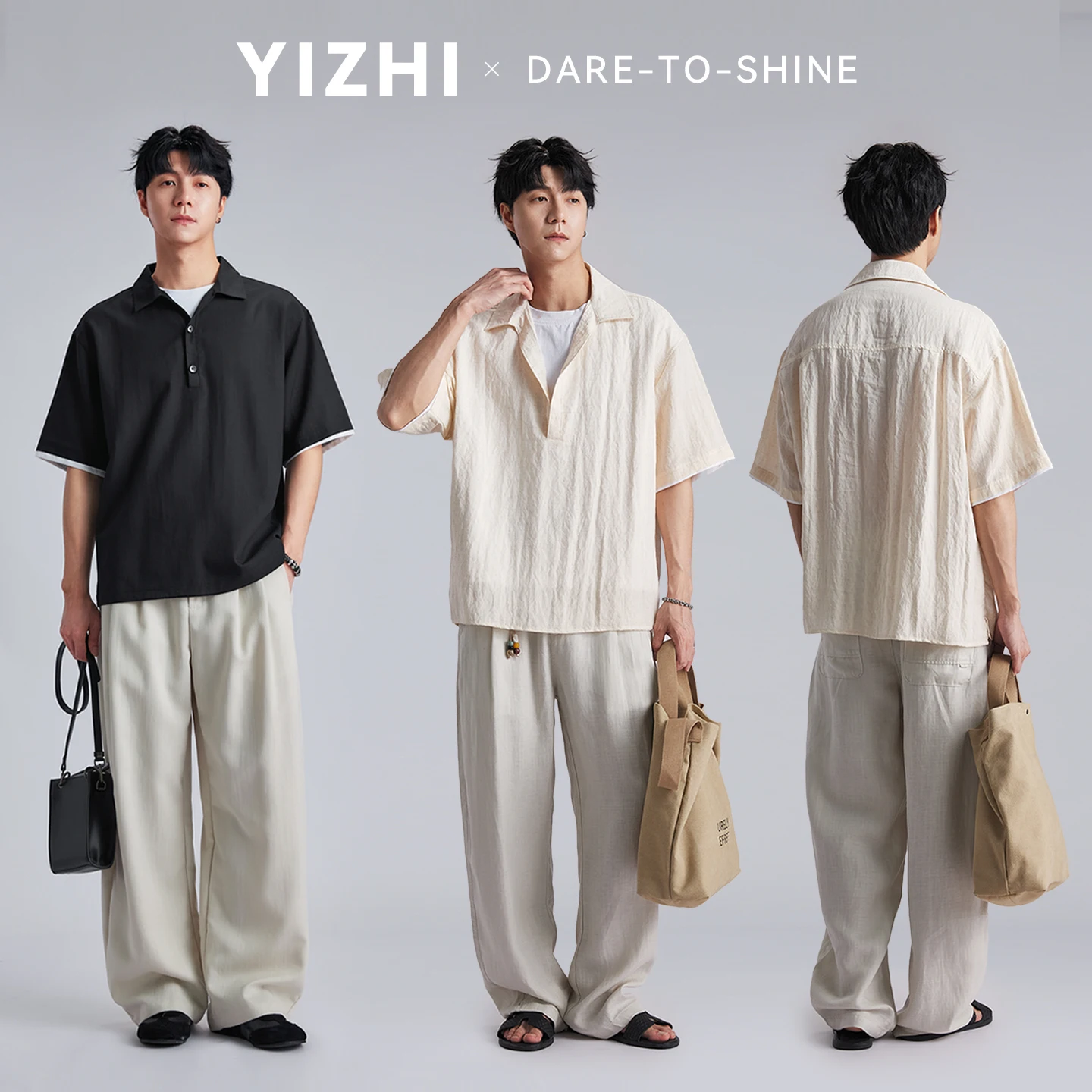 Fashion Men's Lyocell Japanese Style Half Placket Pullover Shirt Fake Two-Piece Loose Simple Breathable Casual Short Sleeve