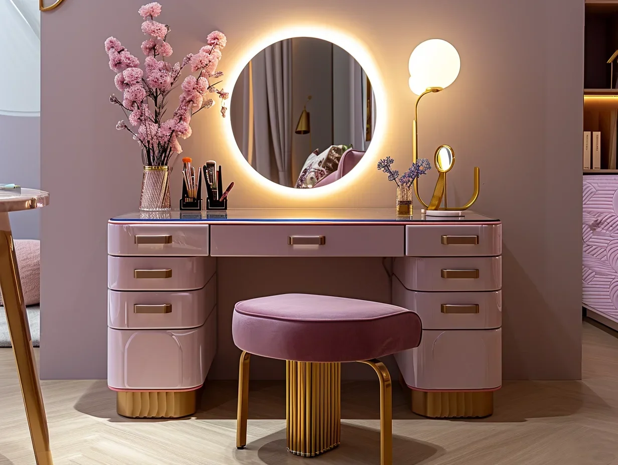 #   Cajones de tocador de nuevo diseño moderno, pies de Metal, espejo con luz Led, tocador, mesa de tocador, espejo de Hollywood #