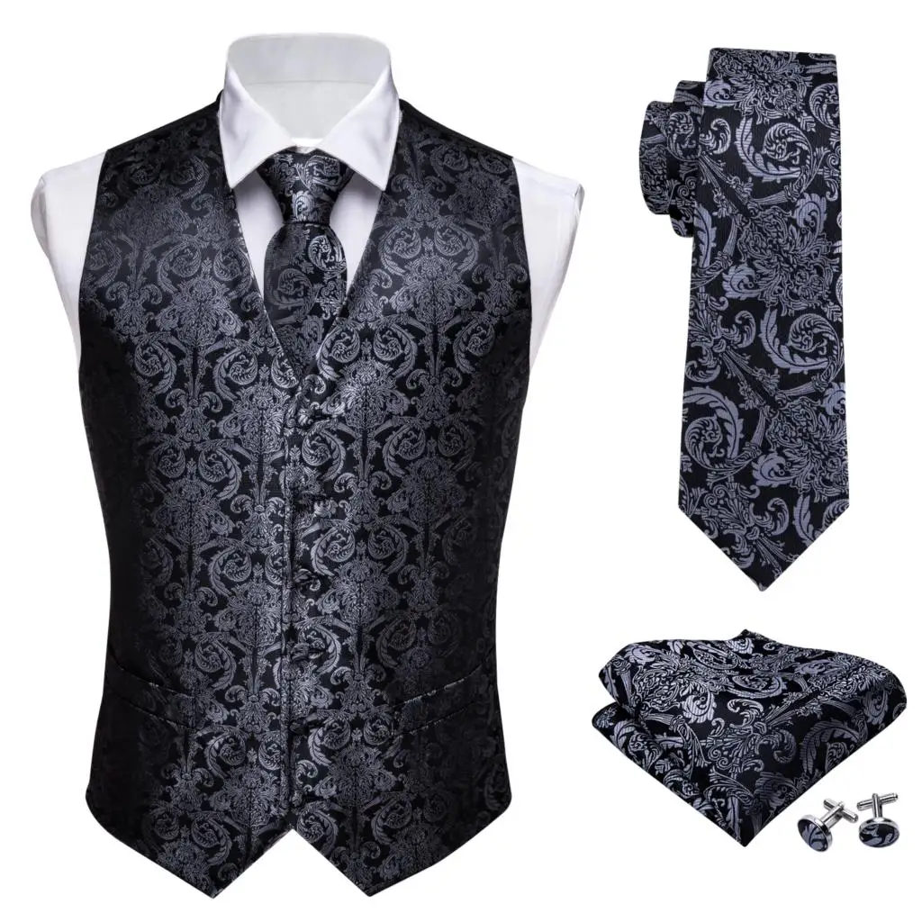 Designer Mens Classic Black Paisley Jacquard Folral Waistcoat Vests Handkerchief Tie Vest Suit Pocket Square Set Barry.Wang