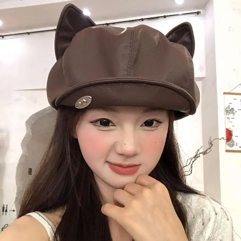 *PU Leather Cute Cat Ear Berets For Women Solid Color Casual Newsboy Cap Personalized Peaked Cap