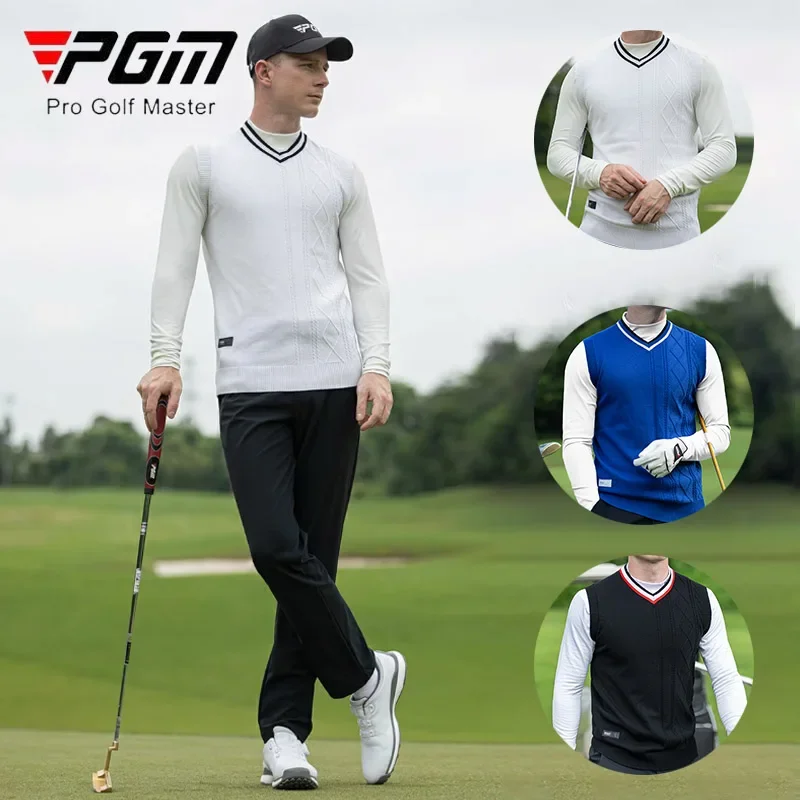 PGM Winter Keep Warm Men Golf Vest Male Knitted V-neck Waistcoat Men Fleece Patchwork Sleeveless Sweater Casual Golf Shirt M-2XL