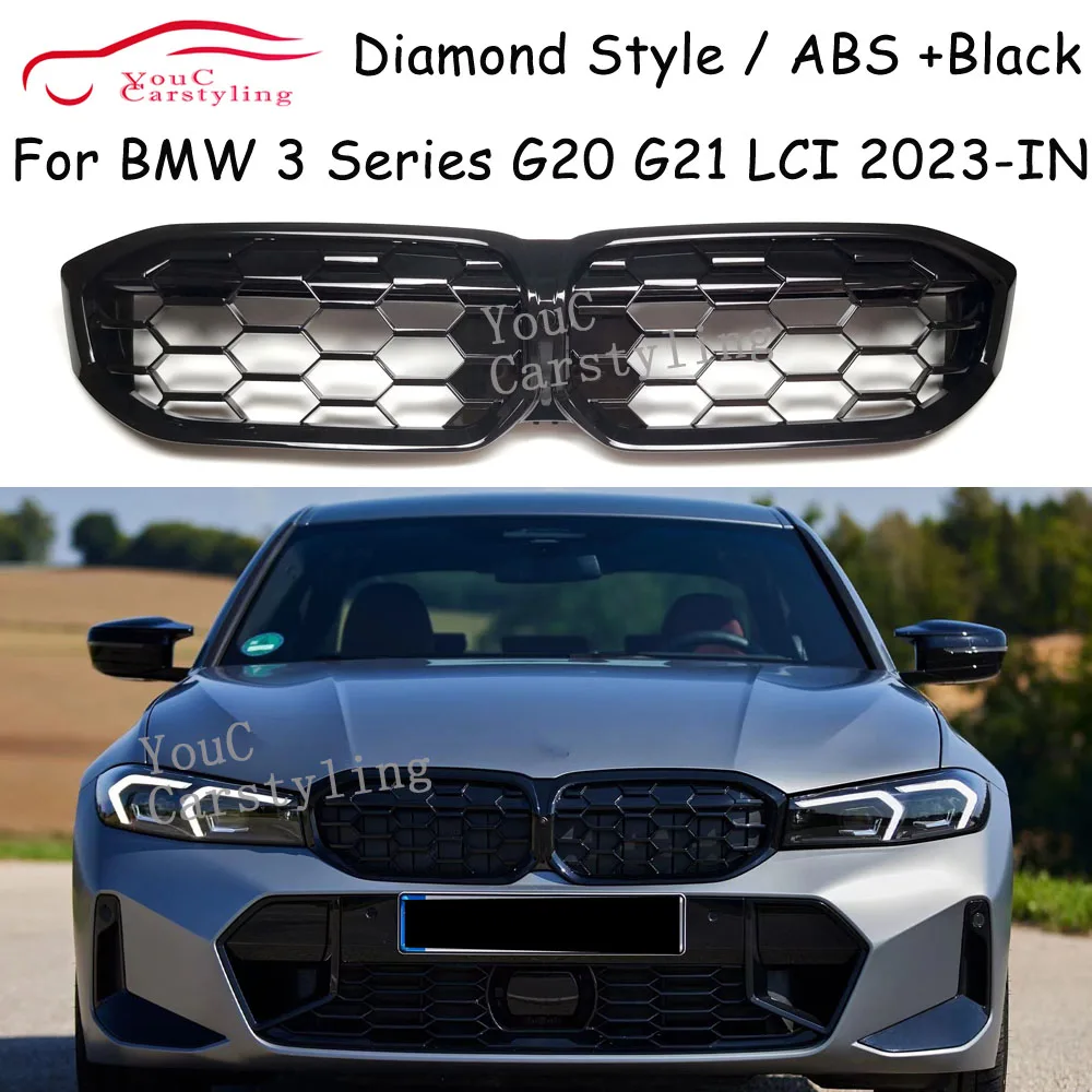 G20 Diamond Style Grille For BMW New 3 Series G20 G21 320i 325i 330i  Front Bumper Replacement Grille Mesh 2023+LCI Black Silver