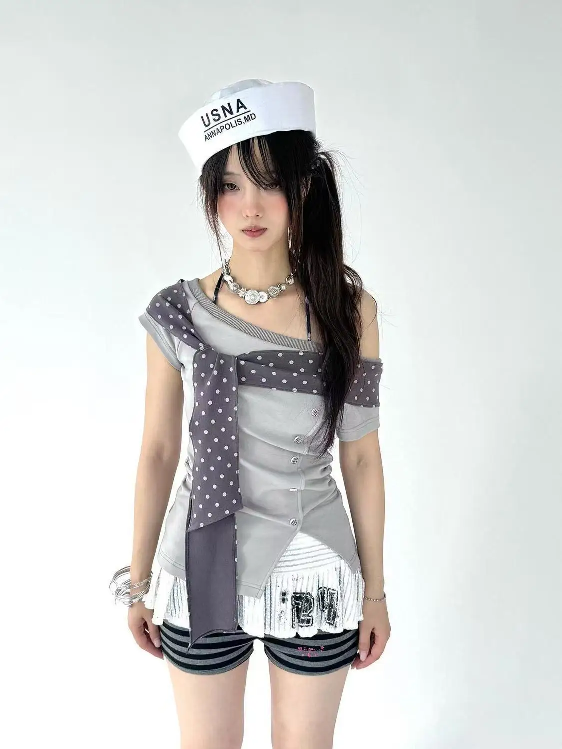 Short Sleeve Off Shoulder Top Grey Removable Polka Dot Sash Tie Ornament Button Accent Slim Fit Daily Trendy Casual Street Top