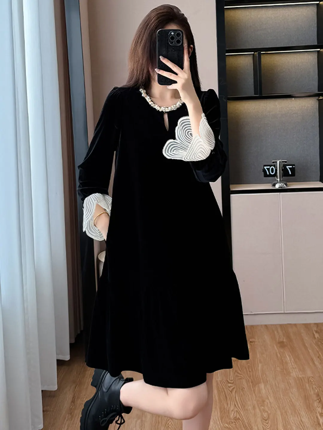 

Женская футболка больших размеров из винтажного бархата с пэчворком, скрывающая живот, для осени и зимы, повседневная, для работы