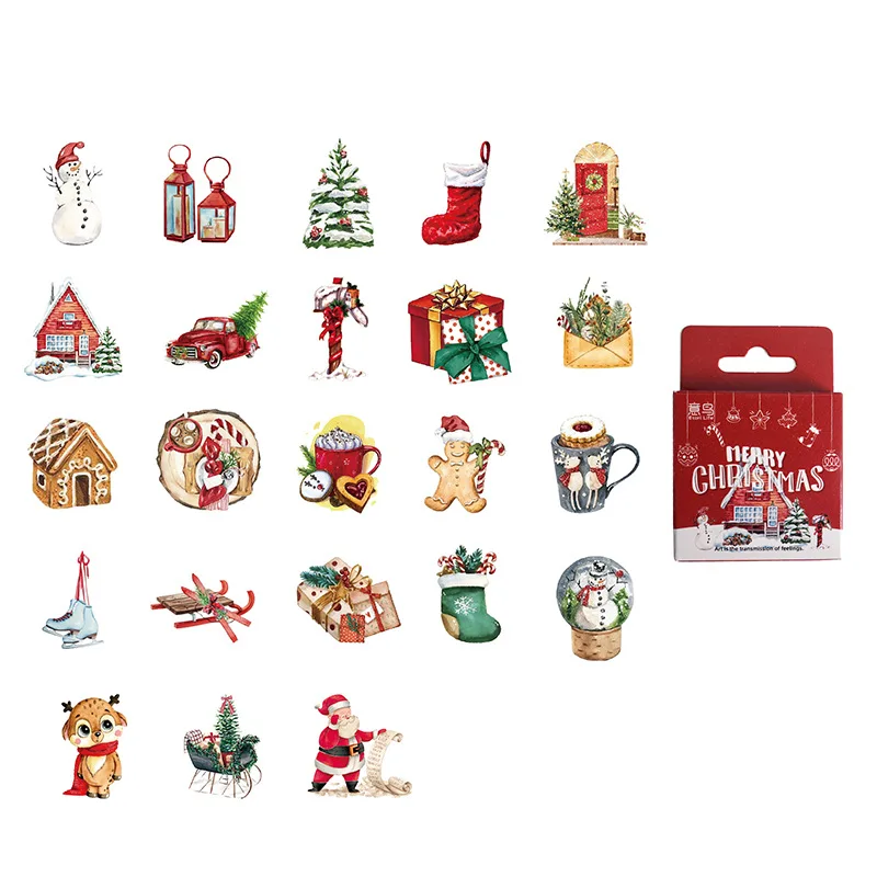 1 Boxed Stickers Happy Christmas, Retro Holiday Decoration Handbook DIY Material Stickers 46 Pieces Stationery Kawaii Stickers