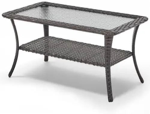 Outdoor Coffee Table - Patio Rattan Wicker Coffee Table with Tempered Glass Top and 2-Tier Storage Outdoor Table for