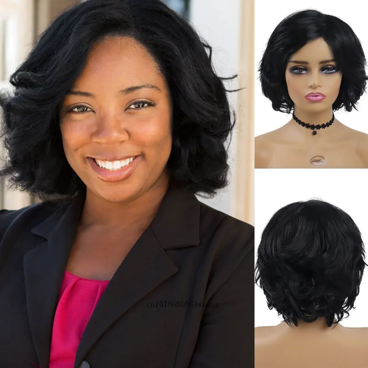 

Черный парик для женщин Синтетические короткие вьющиеся парики боб с боковой челкой Повседневный повседневный косплей Вечеринка Женский парик Волосы для мамы Термостойкие