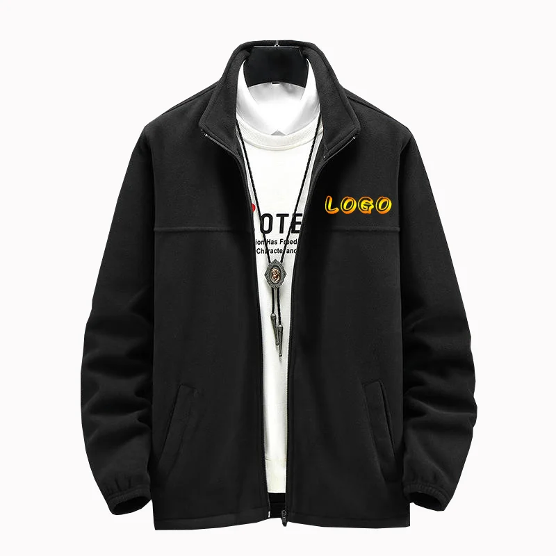 Custom Brand Logo Autumn Winter Warm Polar Fleece Men's Jackets Print  Thick Stand Collar Sweatshirt Zippered Large Pocket Coats