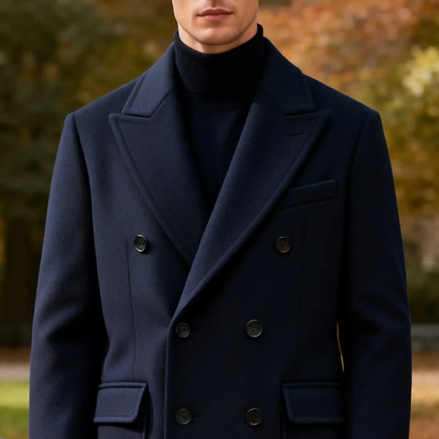 맞춤형 울 혼방 남성 롱 오버코트 원피스 더블 브레스티드 피크드 라펠 코트 겨울 야외 방한 오버코트