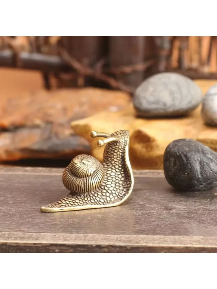 Ornamentos de caracol de cobre sólido, estatuetas de animais de simulação de latão, chá, miniaturas de animais de estimação, dec