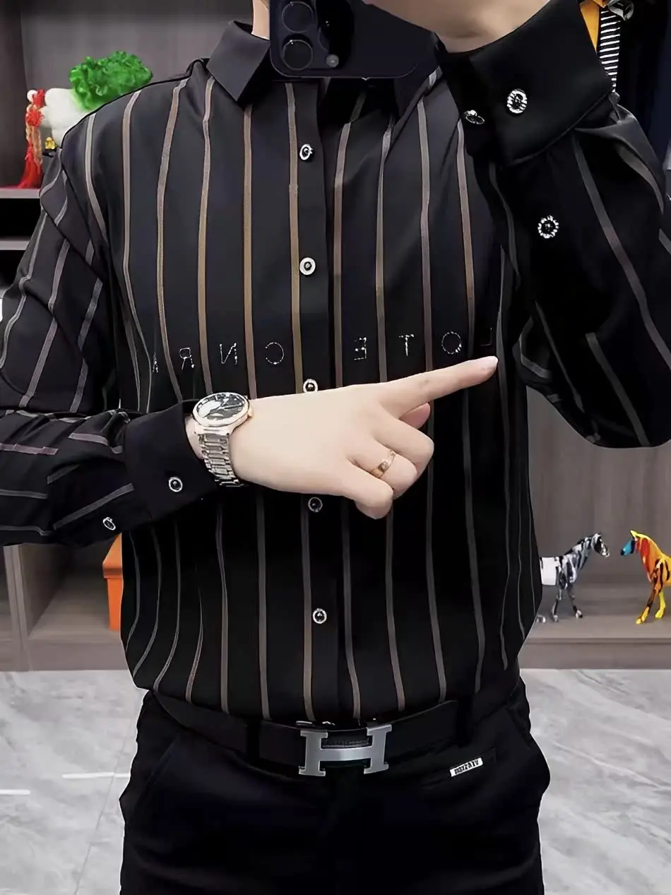 

Men's Business Casual Striped Long Sleeve Shirt Slim Fit Spring Autumn New Style Trendy Simple Korean Version High Quality