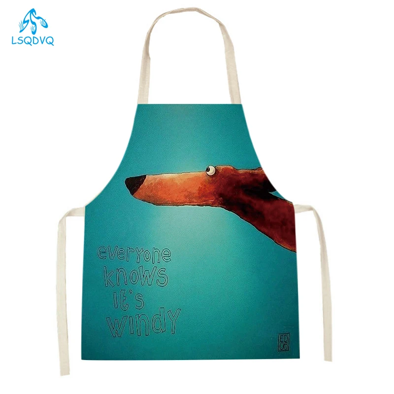 Lovely Animal Dog Printed Linen Sleeveless Kitchen Aprons Women Men Home Cooking Baking Waist Bib Dachshund Cleaning Aprons