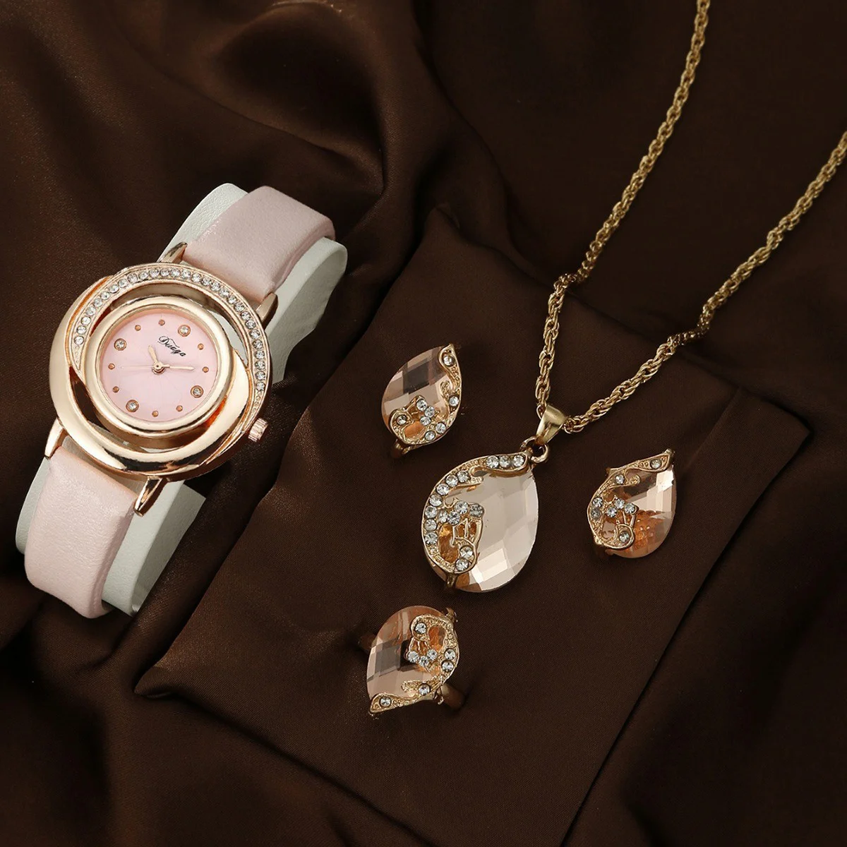 1pc/4pcs-Minimally casual women's accessories watch set, fashionable leather watch rhinestone dial quartz