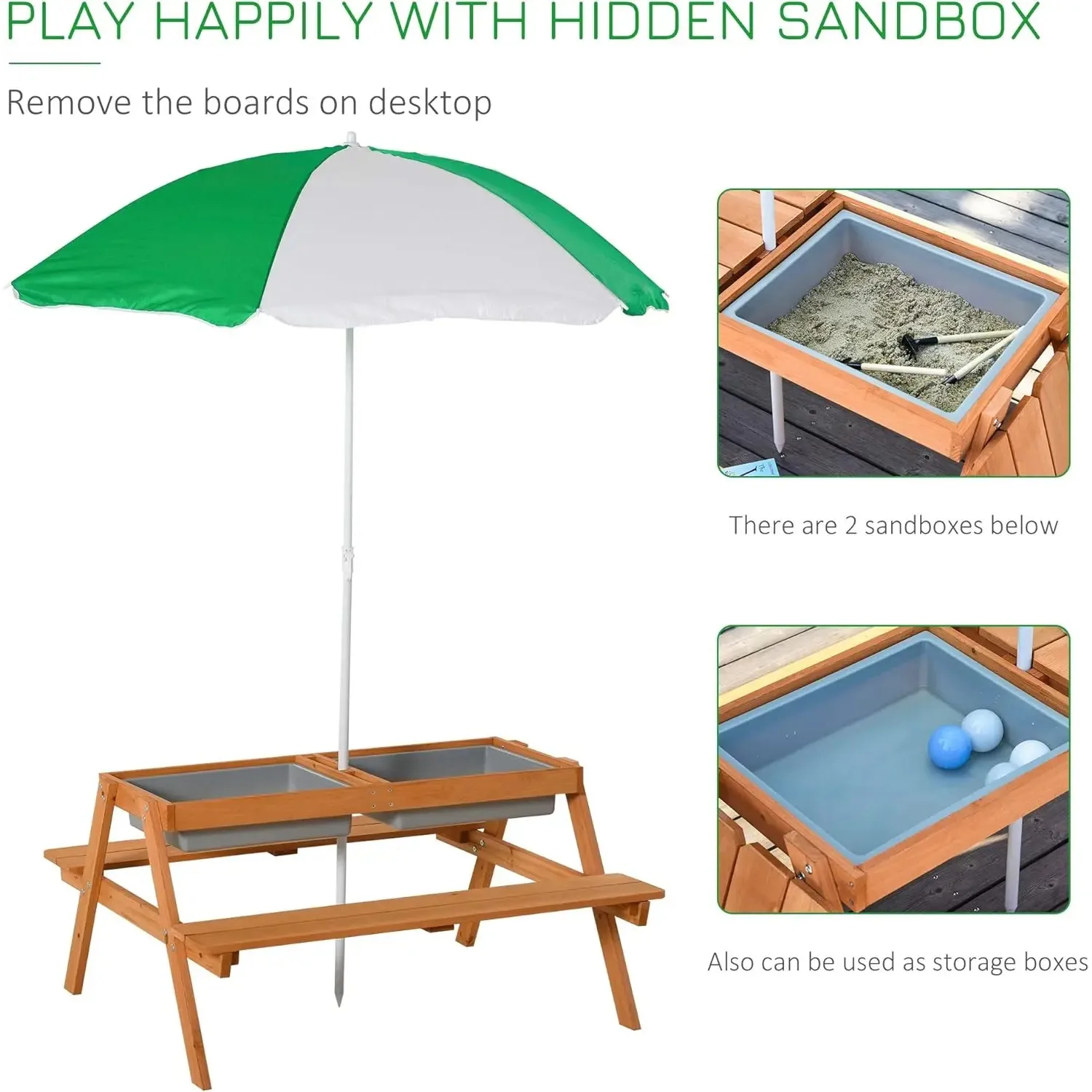 Kids Picnic Table with Umbrella & Storage Inside, Sand and Water Table, Kids Outdoor Furniture, Wooden Bench Backyard Furniture