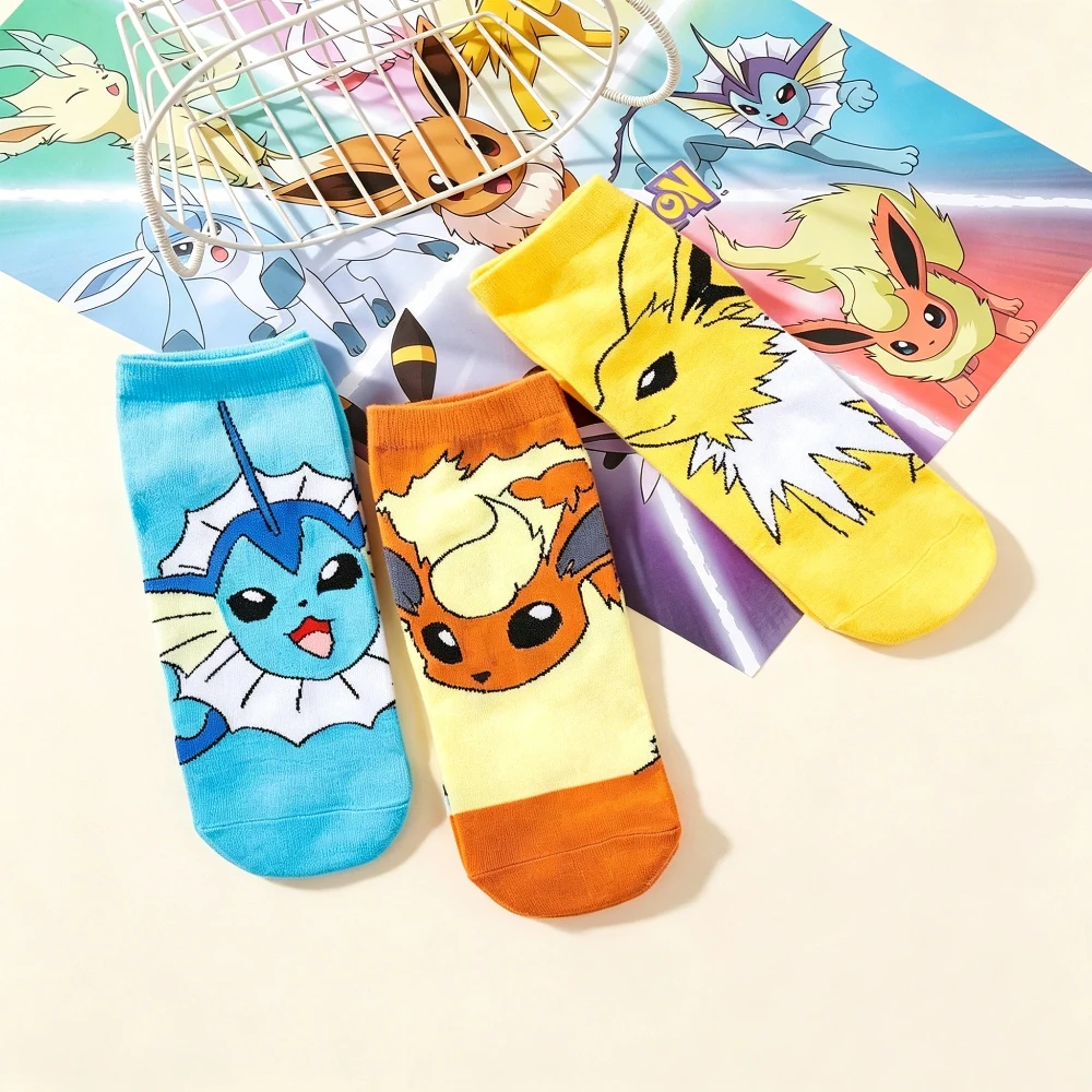 3 Paar neue japanische Cartoon-Pokémon-Baumwollsocken mit bedrucktem Muster für Damen, gestrickte Socken für den Sommer, lässige Vier-Jahreszeiten-Knöchelsocken – Detail 3