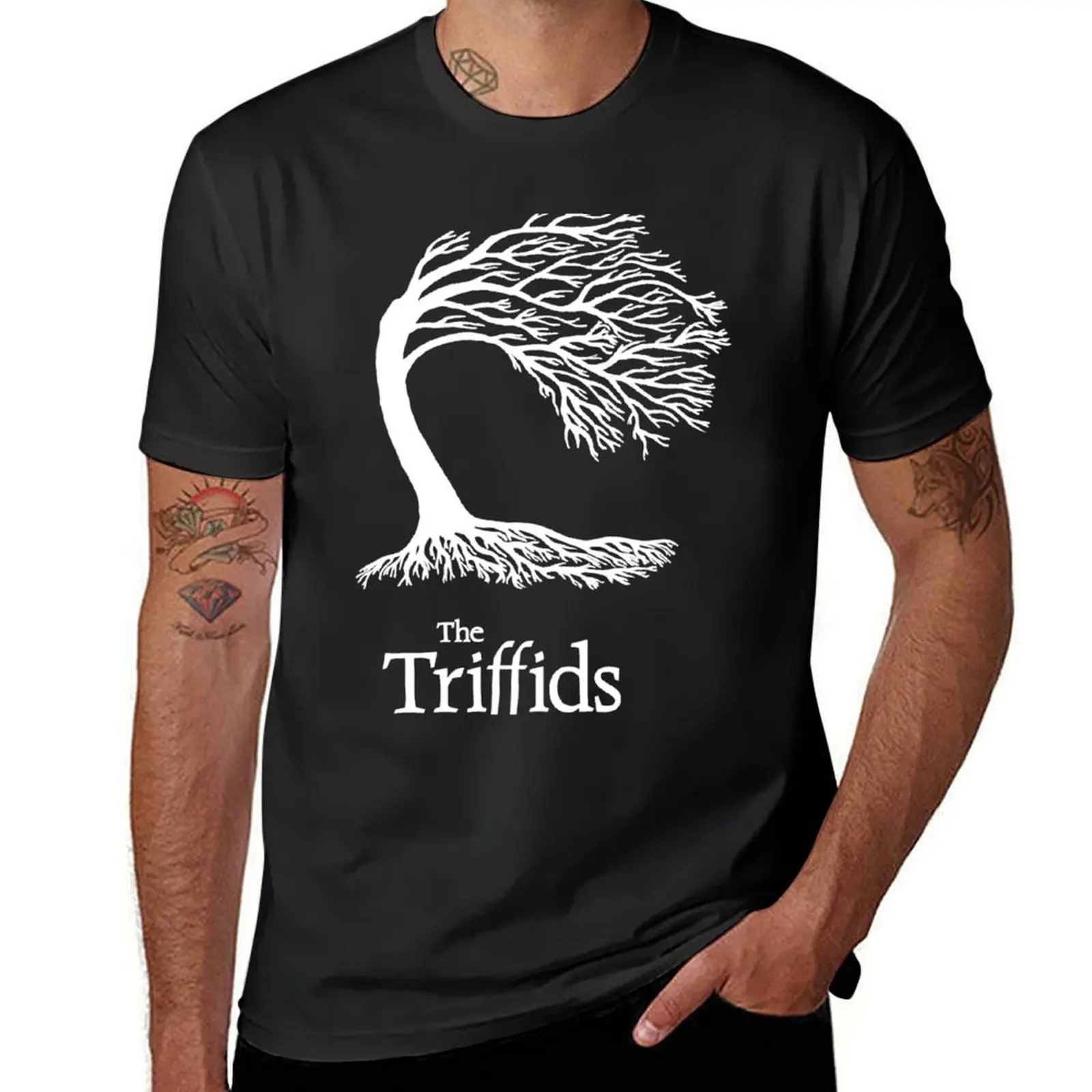 Triffids tree and logo in white tree by Martyn P Casey T-Shirt for a boy Blouse Short sleeve tee mens cotton t shirts