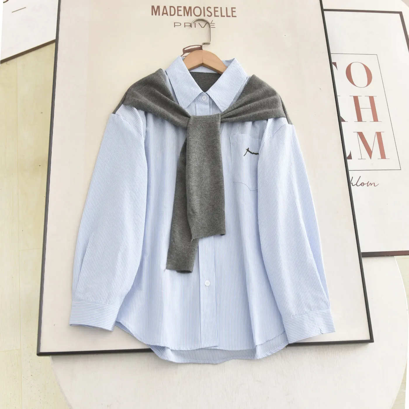 

Женская свободная рубашка в полоску с длинным рукавом, имитация двухслойности, лоскутный дизайн, дышащая, повседневный стиль, весна 2026