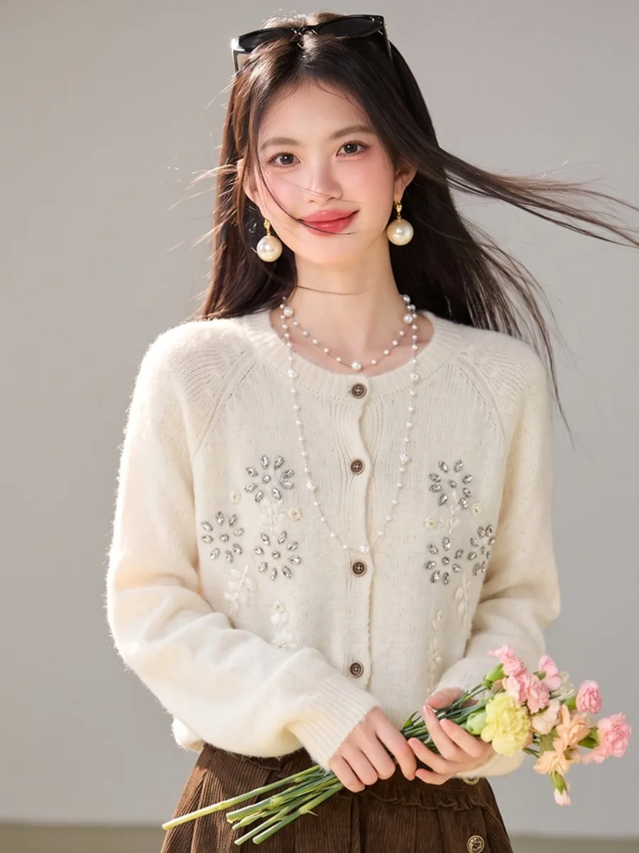 Chic Glitter Knitted Open Cardigan in Beige for Women Stylish Korean Style Short Length Warm Woolen Long Sleeve round Neck Top