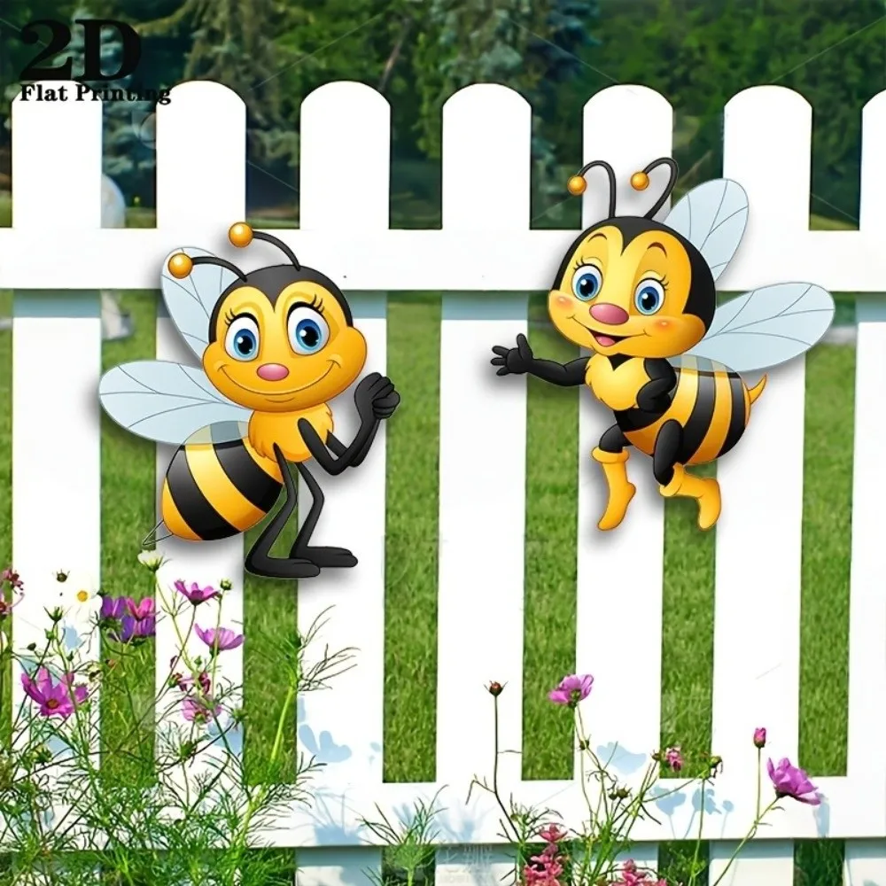 2Pcs 2D Flat Acrylic Cartoon Bee Wall Decor Sun Resistant Waterproof Bee Fence Wall Ornament Bee Themed Rainproof