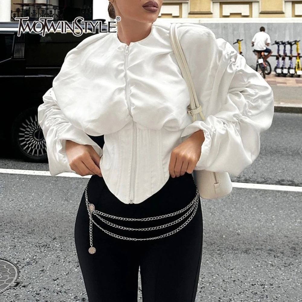 

TWOTWINSTYLE Solid Spliced Folds Fashion Shirts for Women Round Neck Long Sleeves Tunic Patchwork Zipper Shirt Female Clothing