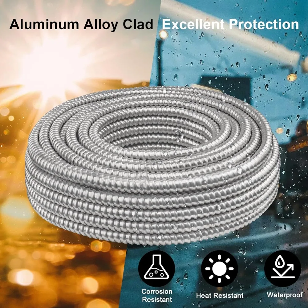 

6/3 MC Cable 75ft 6AWG Aluminum Armor Ground Solid Copper Wire Indoor Outdoor Use