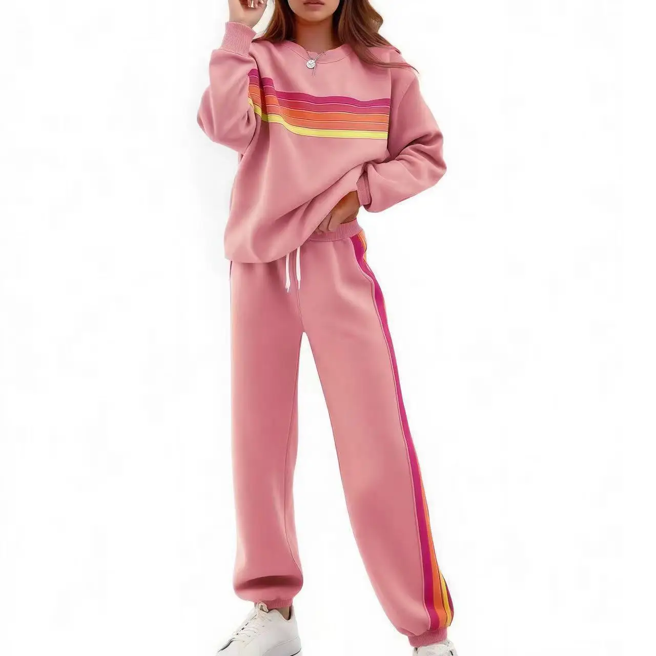 

Loose Fit Color Block Sweatshirt And Pants Set Women's round Neck Elastic Waist Long Pants Street Style Casual Sportswear