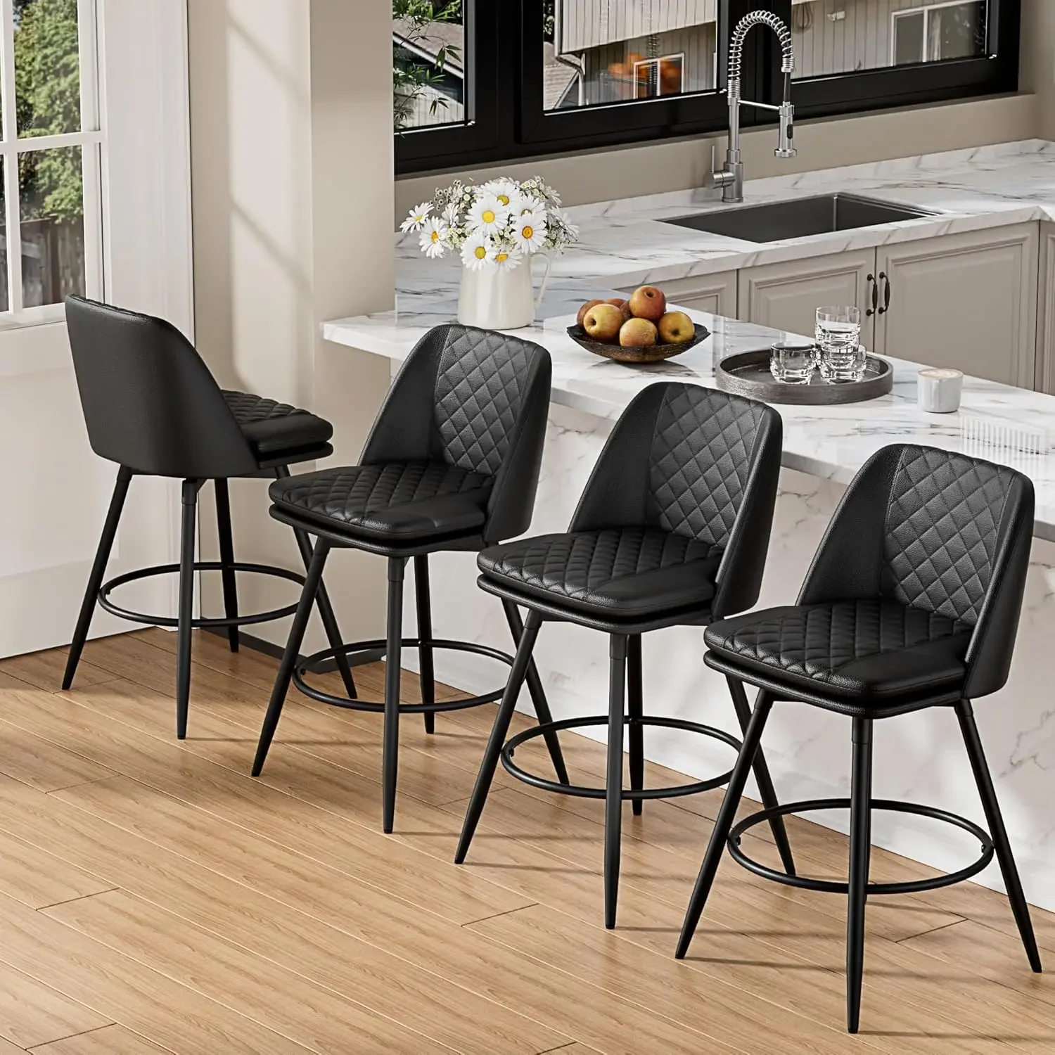 26 inch Bar Stools Set of 4,360° Swivel Counter Height Barstools ,Double-Layer Upholstered Faux Leather Modern Bar Chair