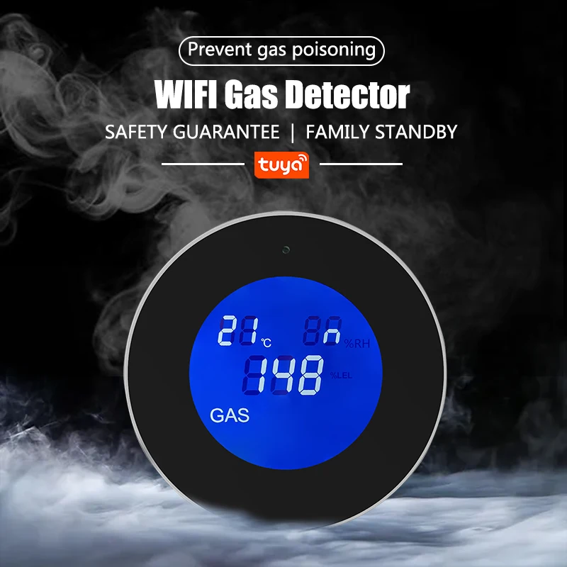 Tuya WiFi Smart Natural Gas Leakage Detector Fire Security Alarm Digital LCD Temperature Display Gas Sensor for Home Kitchen