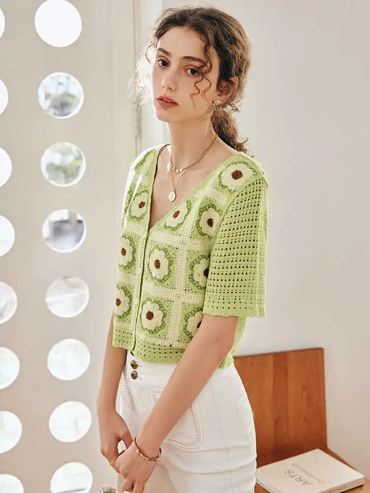 

OLrain Summer Knitted Cardigan Ladies 2025 Vintage Green Hollow Out Loose Tops V-Neck Short Sleeve Casual Cardigan O23XZ66525