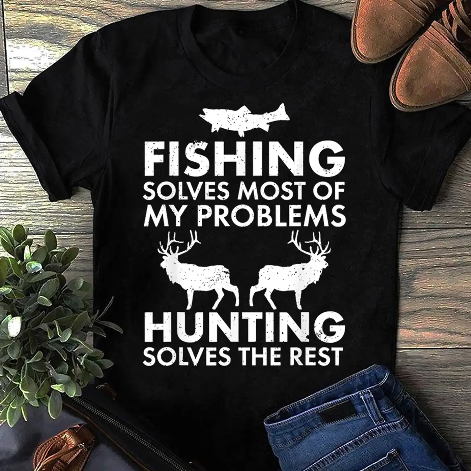 Fishing Solves Most Problems Hunting The Rest Funny T Shirt Fathers Day for Him Grandpa Outdoor Lover vintage Washed Soft