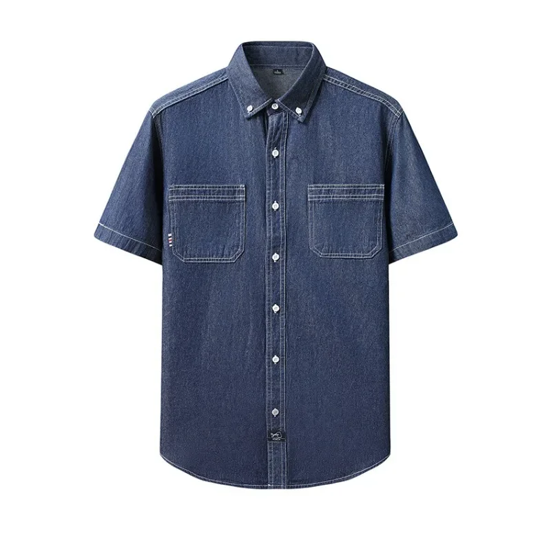 Men's Short-sleeved Fashion Denim Shirt, Western Cowboy Style - Casual Cotton Casual Work Shirt, Double Breast Pocket Design