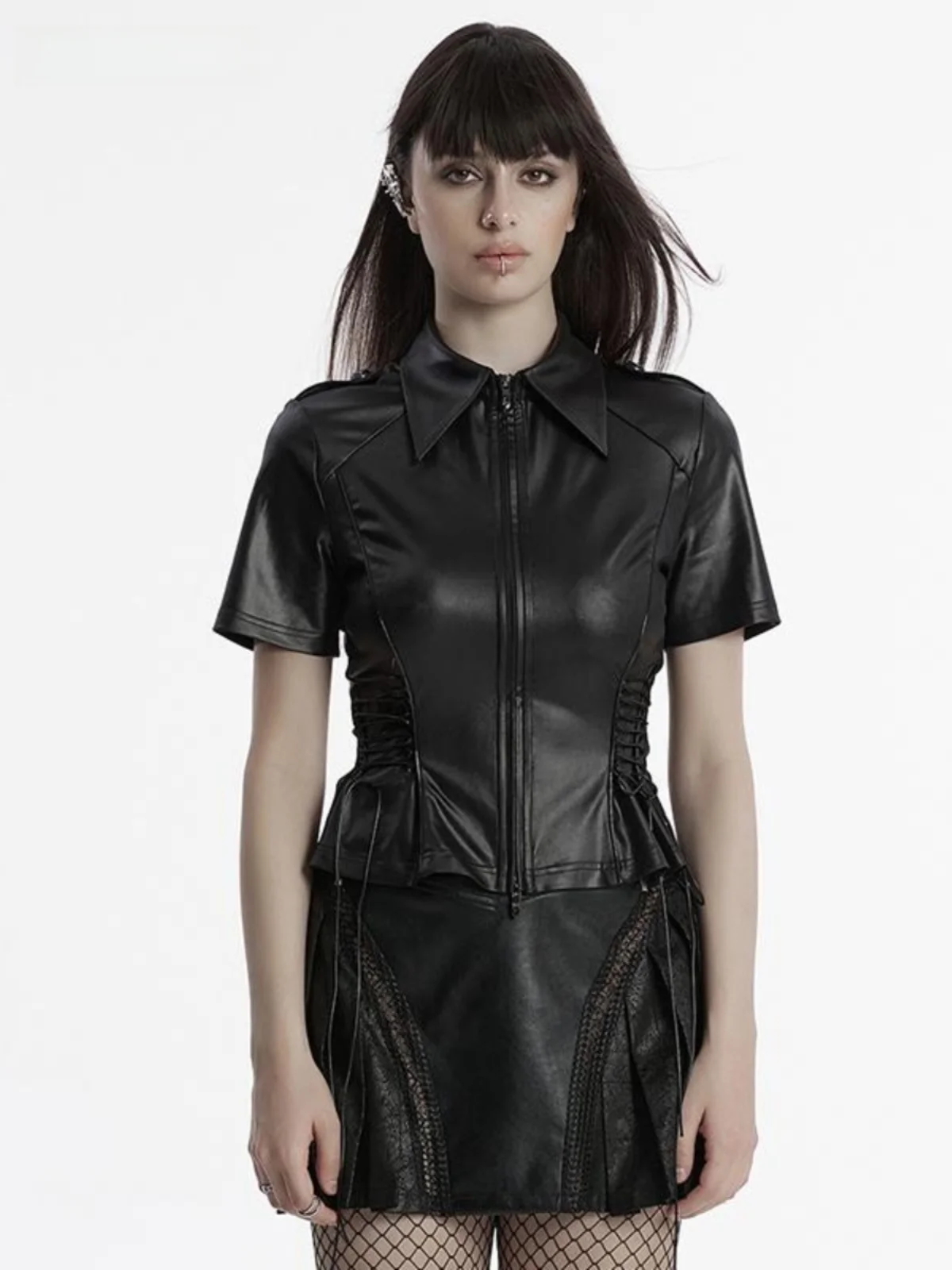 

Punk Style Short Sleeve Leather Shirt Women's Fashion Spring Summer New Streetwear Top Slim Fit Casual Regular Length Zipper