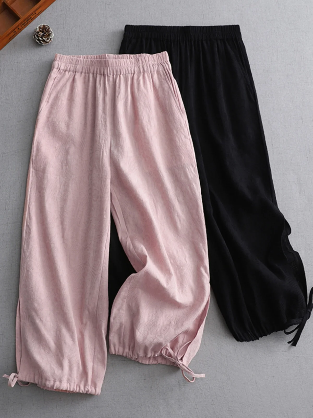 Pure Color Breathable Cotton Linen Harlan Lantern Pants Large Size Women's Trousers Belted Slim High Waist Nine Points Casual...