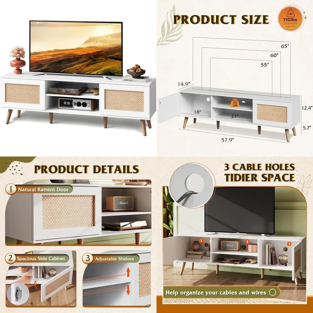 

65 Inch TV Stand Living Room Entertainment Center with Storage Cabinets, White, Boho Style Console for Modern Home