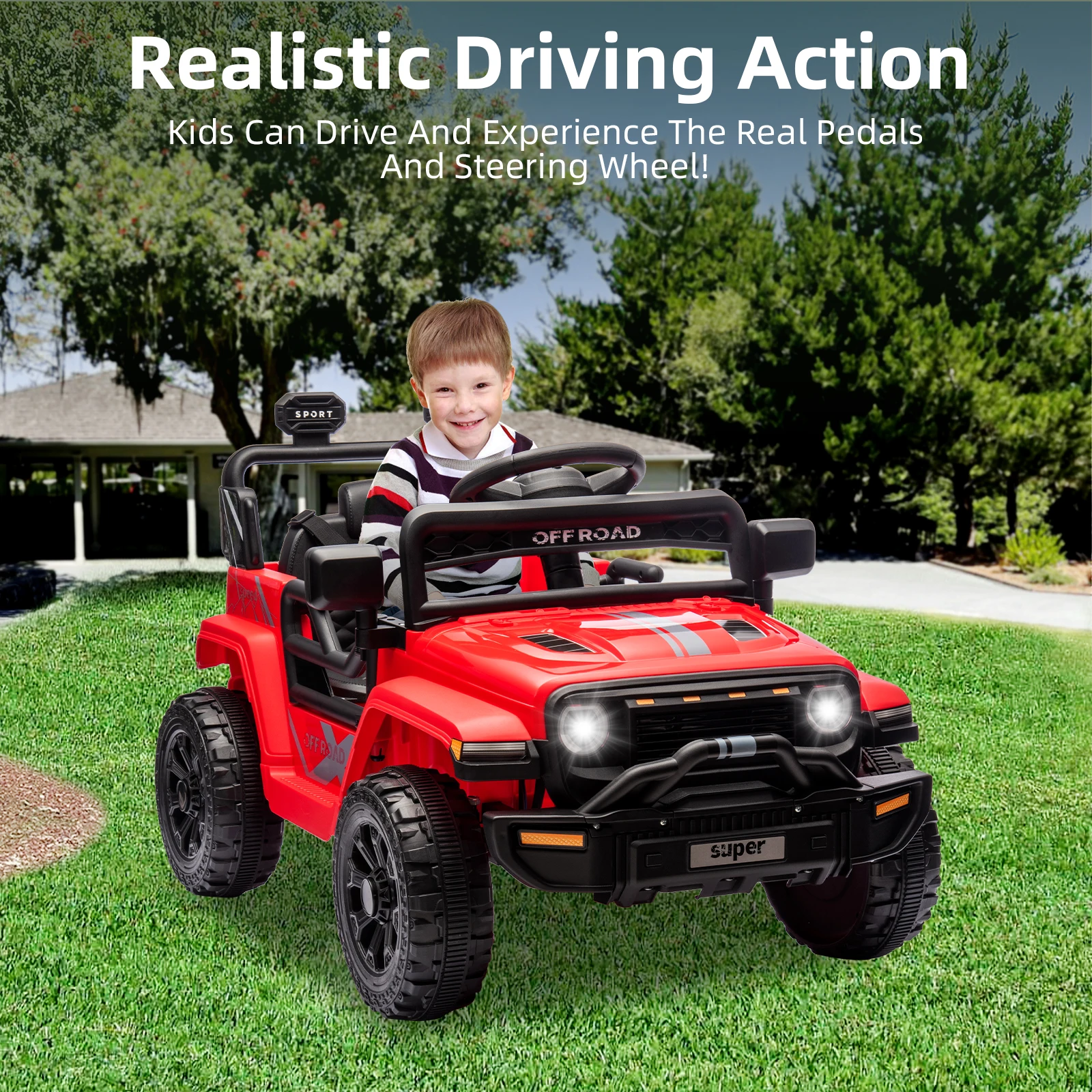 12V Ride On Toy w/Parent Remote Control, Ride On Truck Car, Steering Wheel Music, 4-Wheel Spring Suspension, Led Lights, 2 Speed