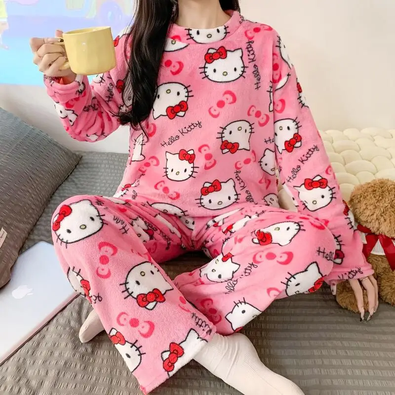 2 Stuks Hello Kittys Pyjama Set Anime Sanrios Leuke Meisje Pluche Nachtkleding Dikker Warme Vrouwen Casual Thuis Kleding Student nachtkleding