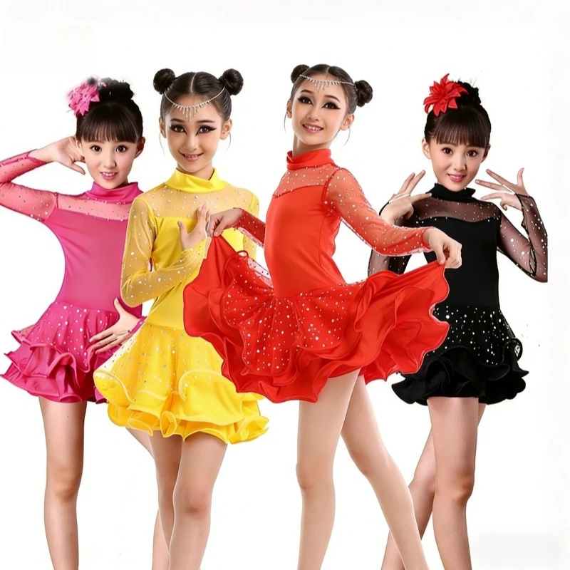 

2026 New Kids Latin Dance Dress Long Sleeve, Spring Summer Girls Practice Wear Children Competition Exam Performance Costume