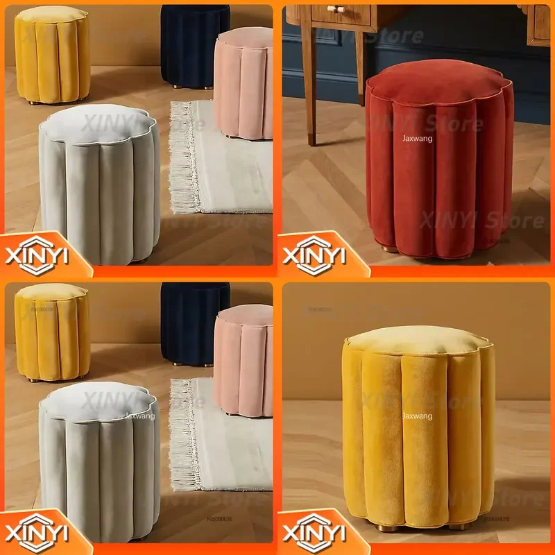 Luxury Fabric Ottoman for Nordic Living Room Stool Round Makeup Dressing Bedroom Shoes Modern Minimalist Design Comfortable