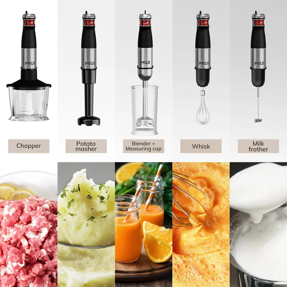 MIUI Electric Hand Held Stick Blender 6-in-1 Multi-Purpose Immersion Hand Blender Stainless Steel Blades Home Kitchen1200W