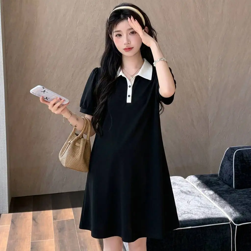 Maternity Dress Summer New Style Loose Polo Collar Short Sleeve Midi Length Comfortable Casual Korean Style Polyester Fabric
