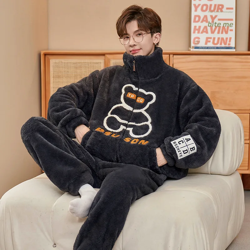 Autumn Winter Men's Coral Velvet Pajamas Set Thickening Fleece Plus Size Casual Homewear Male Comfortable Warm Loungewear