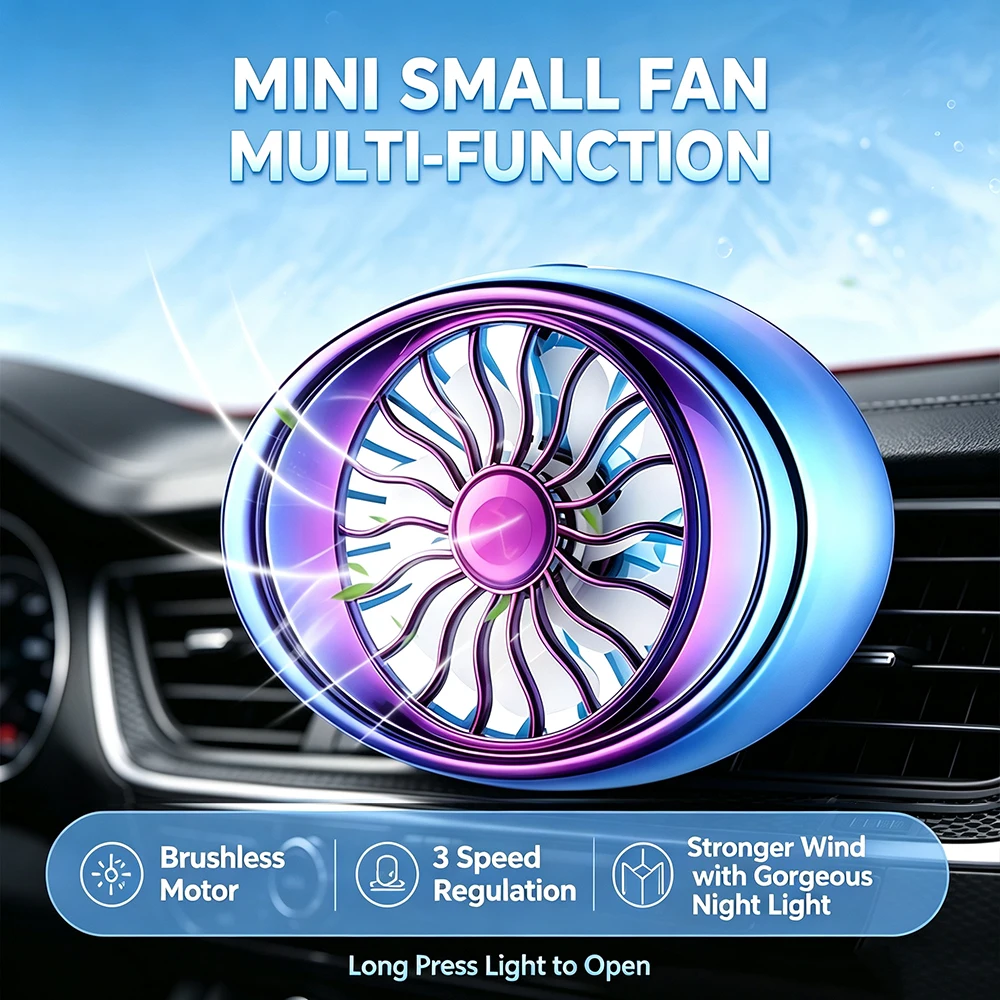 Car Fan USB Powered 3 Speed Wind Portable Cooling Clip Fan for Car Air Vent With Light 360° Rotatable desktop Fan Handheld Fan