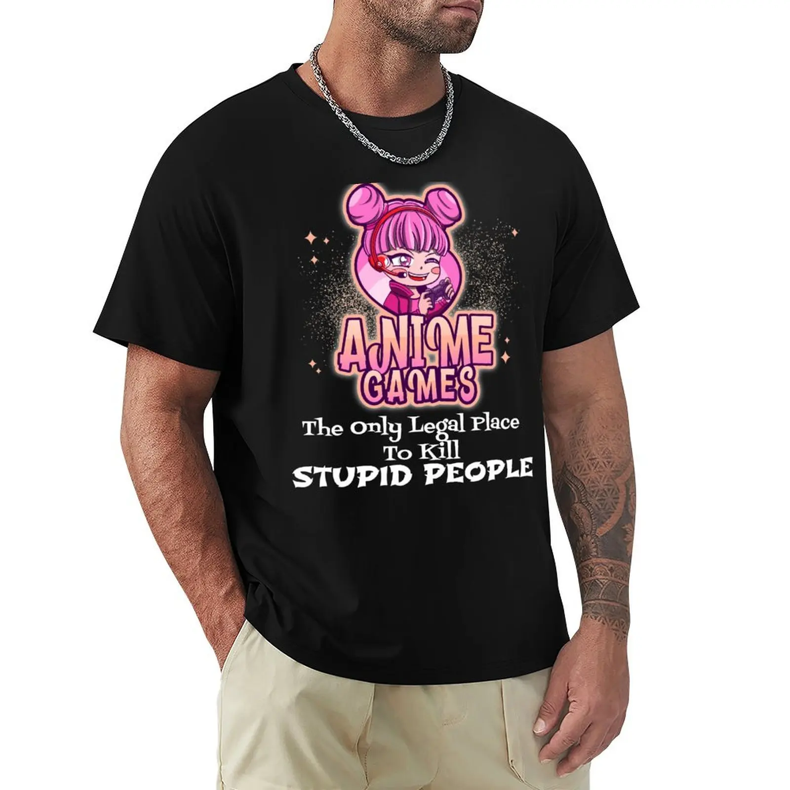 Anime Games The Only Legal Place To Kill Stupid People - cute anime girl T-Shirt sublime oversized t shirts for men cotton