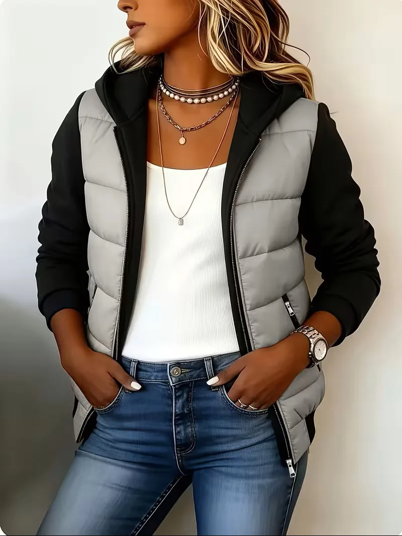 Women's Color Block Hooded Puffer Jacket -Quilted Zip Up Coat with Contrast Sweatshirt Sleeves, Casual Lightweight Winter Outer