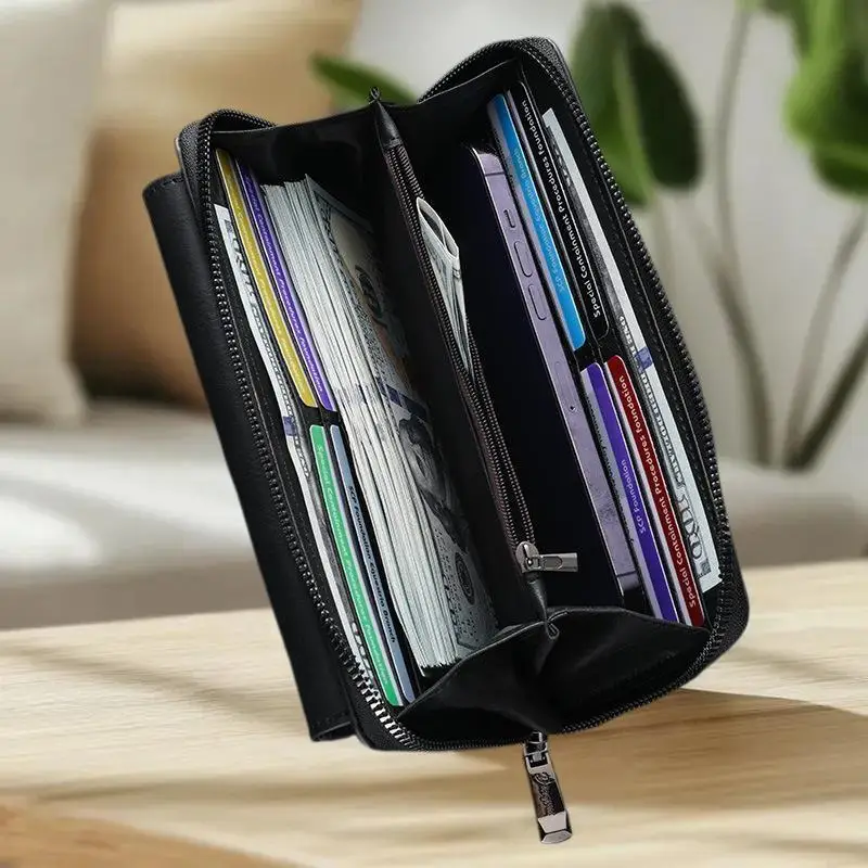 محفظة أنيقة متعددة الفتحات للبطاقات للرجال والنساء؛ PU، سحاب طويل، جيب للعملات المعدنية ومحفظة حقيبة الهاتف.