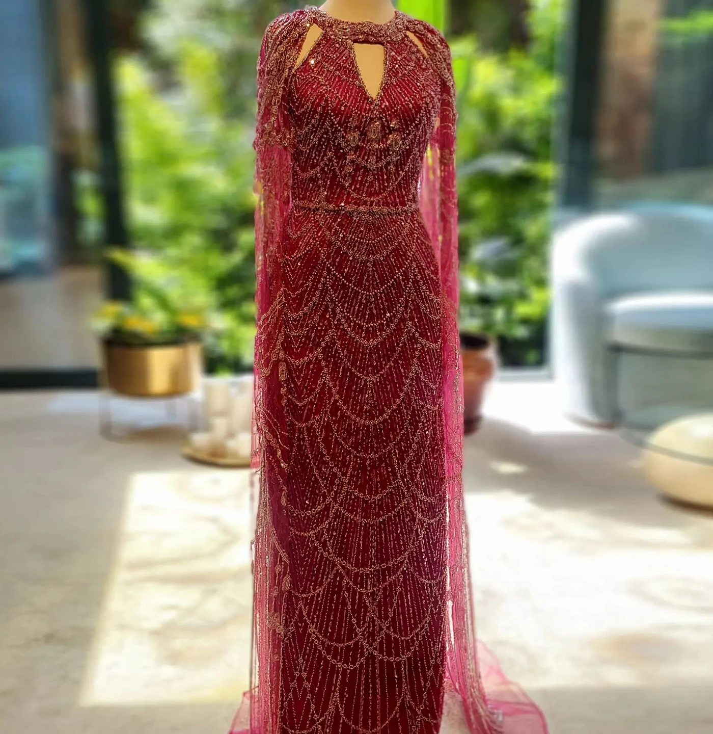 

Sharon Said Stunning Wine Red Arabic Evening Gown with Flowing Sleeves Luxury Dubai Women Wedding Party Gowns SS669 Customized