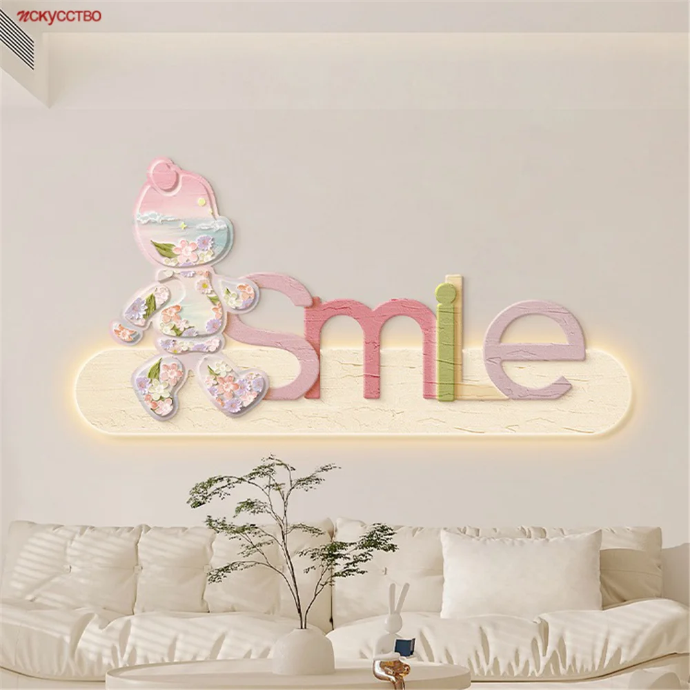 

English Letters Smile Love Bear Mural Hanging Painting Led Wall Lamp Children Bedroom Bedside Decoration Living Room Sofa Lights